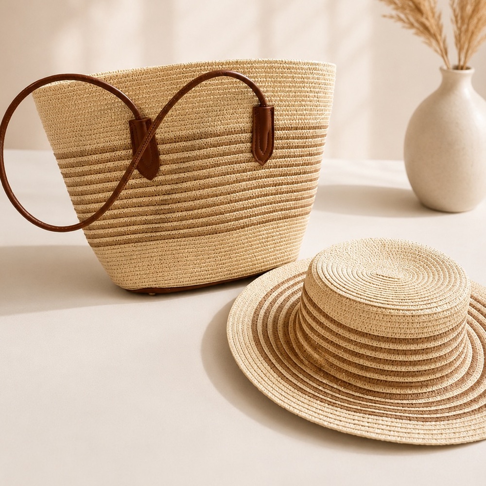 Straw Tote Bag with Brown Trim - Women Bags